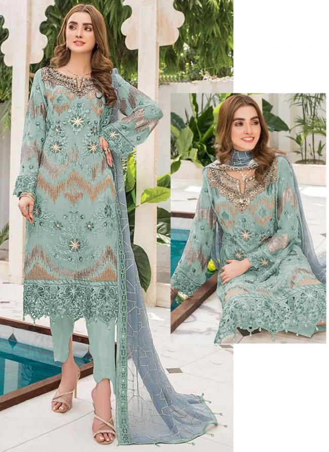 Faux Georgette Turquoise Blue Eid Wear Embroidery Work Pakistani Suit